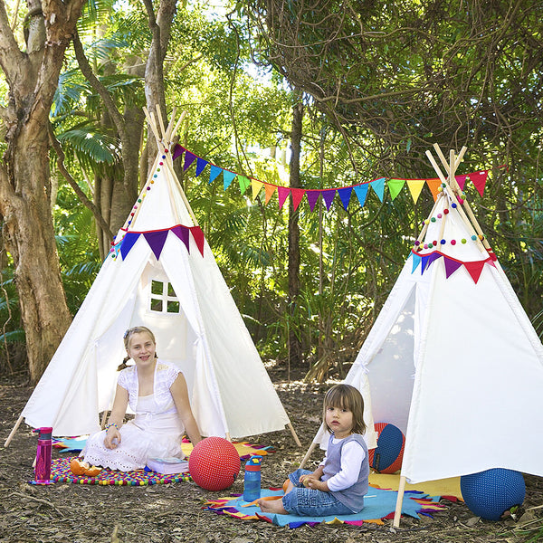 Teepee Super Size on left and Regular on right with Fabric Bunting and Balloon Ball