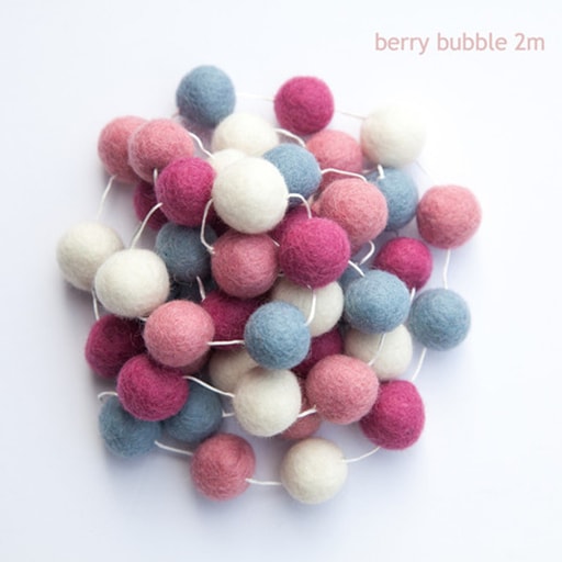 felt garland of round balls, colour berry bubble, shades of cream, grey, pink and dark pink