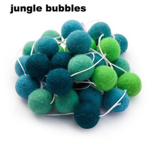 felt garland of round balls, colour jungle bubbles, shades of dark teal, green, bright green, blue