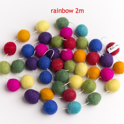 felt garland of round balls, colour rainbow, shades of orange, yellow, green, aqua, blue, purple, pink, light green, red