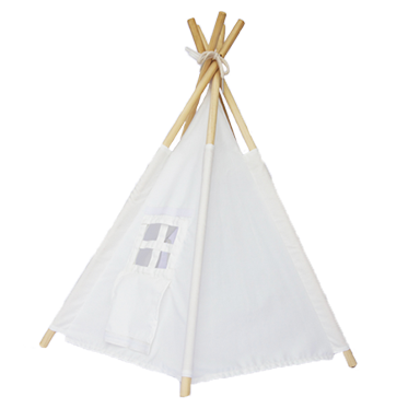 miniature white cotton teepee tent viewed from the rear showing the cute window