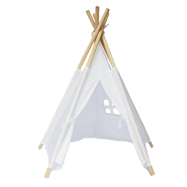 miniature white cotton teepee tent front the front, showing the cute window in the rear